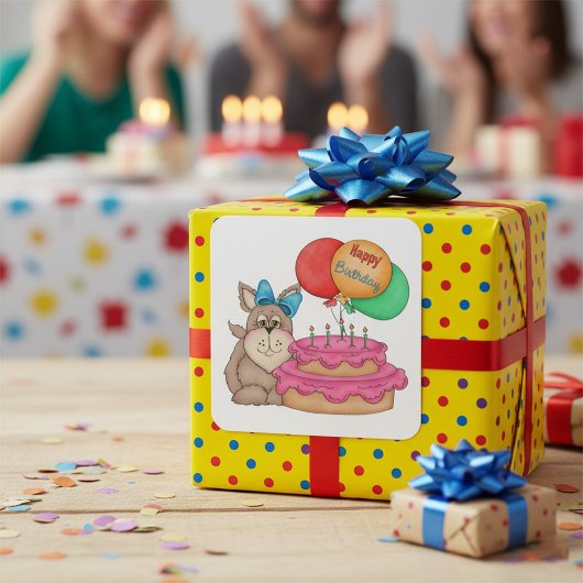 Happy Birthday Schattigee puppy met ballonnen en t Vierkante Sticker