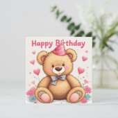 Happy Birthday Schattigee teddybeer met roze harte Kaart (Staand voorkant)