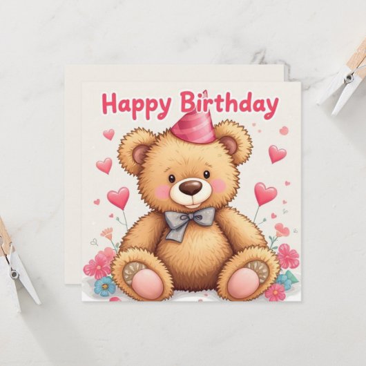 Happy Birthday Schattigee teddybeer met roze harte Kaart (Voorkant / Achterkant in situ)