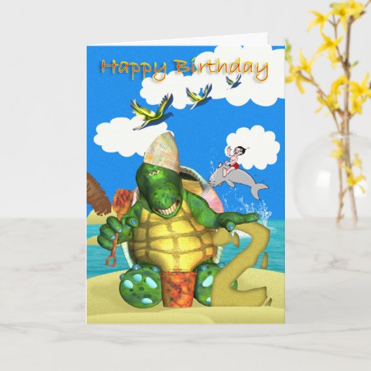 Happy Birthday Schildpad maken van zandkastelen Kaart (Gele Bloem)