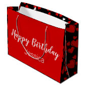 Happy Birthday Script Black en Red Hearts Groot Cadeauzakje (Achterkant Gekanteld)