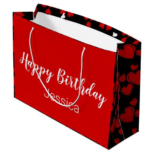 Happy Birthday Script Black en Red Hearts Groot Cadeauzakje (Achterkant Gekanteld)