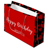 Happy Birthday Script Black en Red Hearts Groot Cadeauzakje (Voorkant Gekanteld)