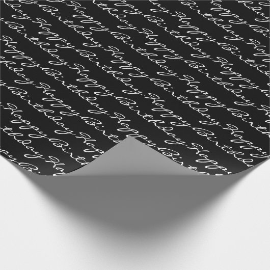 Happy Birthday Script Font Pattern Black and White Cadeaupapier (Hoek)
