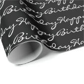 Happy Birthday Script Font Pattern Black and White Cadeaupapier (Rol Hoek)