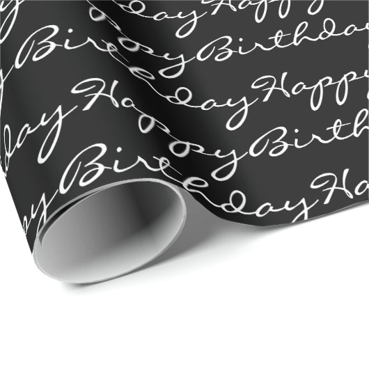 Happy Birthday Script Font Pattern Black and White Cadeaupapier (Rol Hoek)