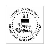 Happy Birthday Script Kalligrafie en Cake Ronde Zelfinktende Stempel (Design)
