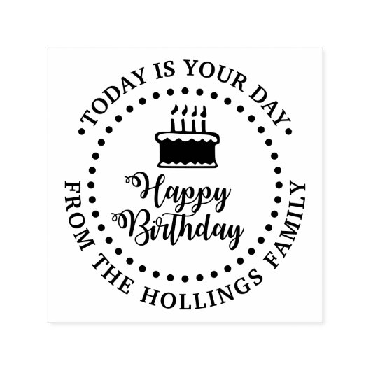 Happy Birthday Script Kalligrafie en Cake Ronde Zelfinktende Stempel (Design)