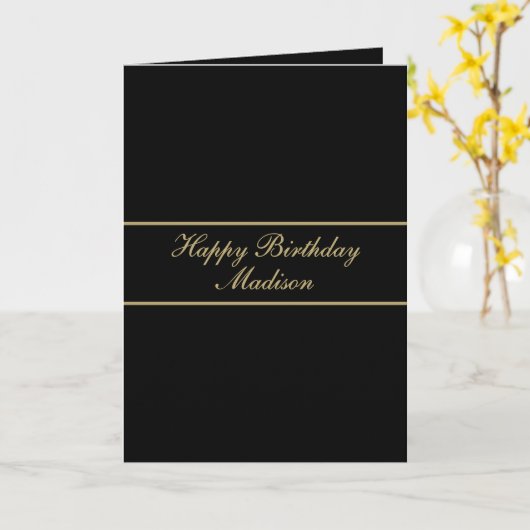 Happy Birthday Script Name Black Gold Kaart (Gele Bloem)