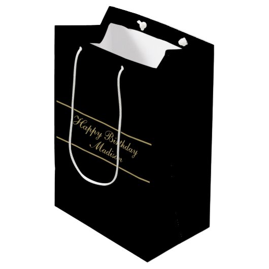 Happy Birthday Script Name Black Gold Medium Cadeauzakje (Voorkant Gekanteld)