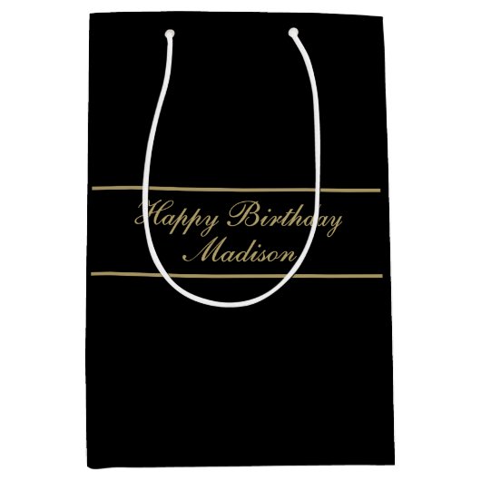Happy Birthday Script Name Black Gold Medium Cadeauzakje (Voorkant)