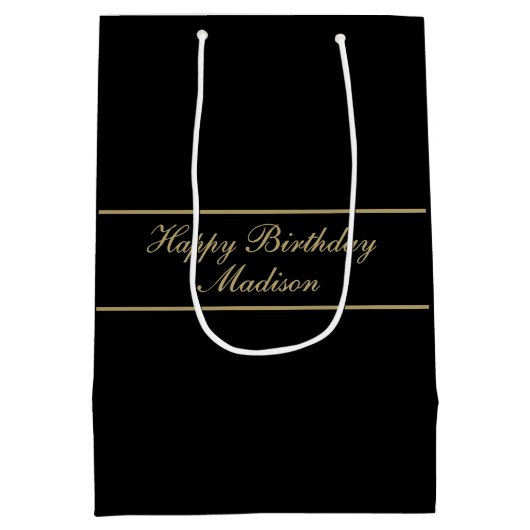Happy Birthday Script Name Black Gold Medium Cadeauzakje (Achterkant)