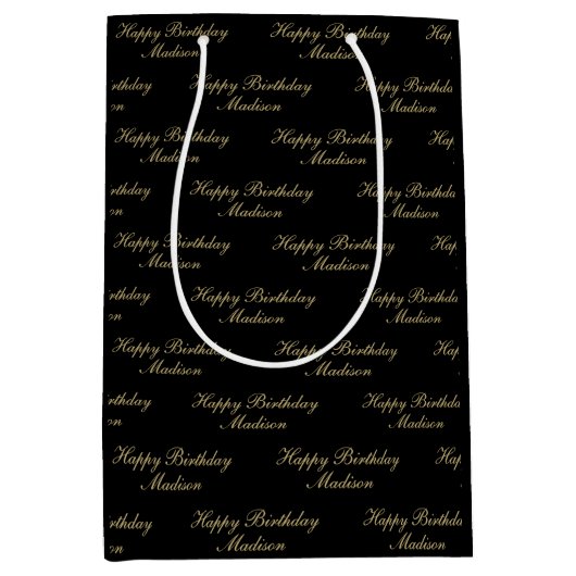 Happy Birthday Script Name Black Gold Medium Cadeauzakje (Voorkant)