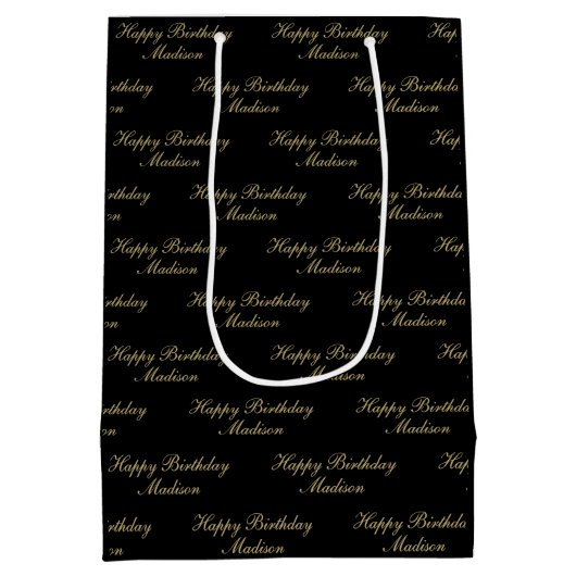Happy Birthday Script Name Black Gold Medium Cadeauzakje (Achterkant)