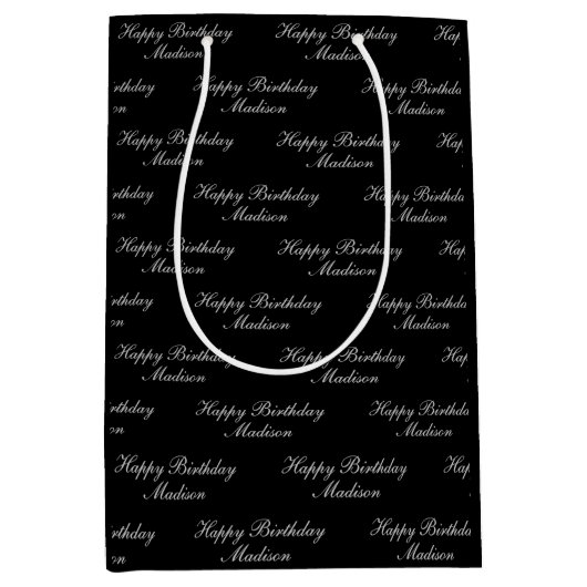 Happy Birthday Script Name Black Silver Medium Cadeauzakje (Voorkant)