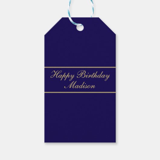 Happy Birthday Script Name Blue Gold Cadeaulabel (Voorkant)