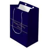 Happy Birthday Script Name Blue Gold Medium Cadeauzakje (Voorkant Gekanteld)