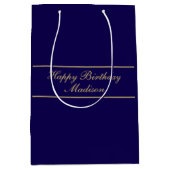 Happy Birthday Script Name Blue Gold Medium Cadeauzakje (Voorkant)