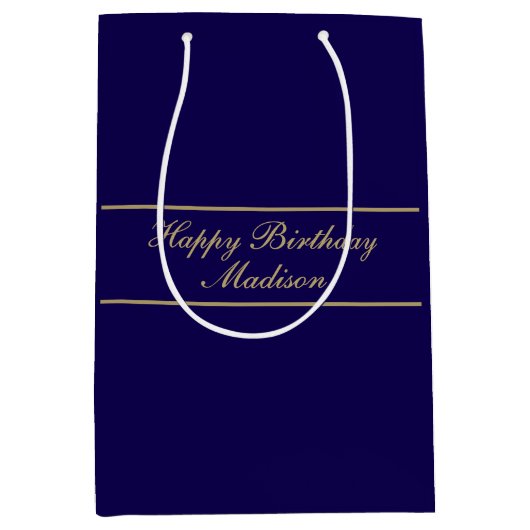 Happy Birthday Script Name Blue Gold Medium Cadeauzakje (Voorkant)