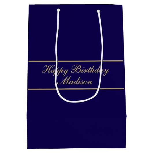 Happy Birthday Script Name Blue Gold Medium Cadeauzakje (Achterkant)