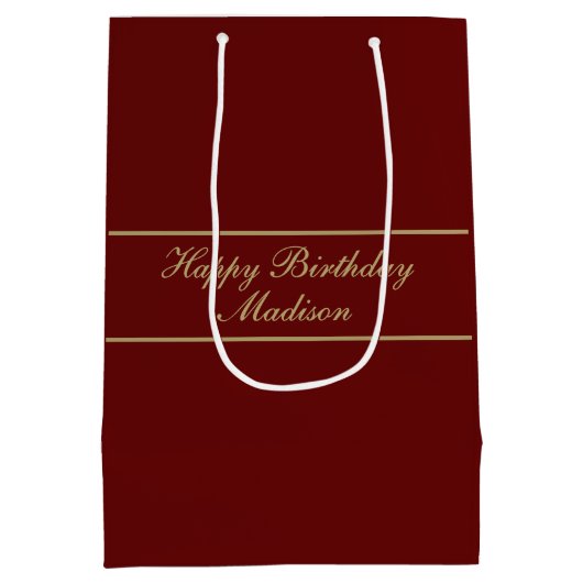Happy Birthday Script Name Burgundy Gold Medium Cadeauzakje (Achterkant)