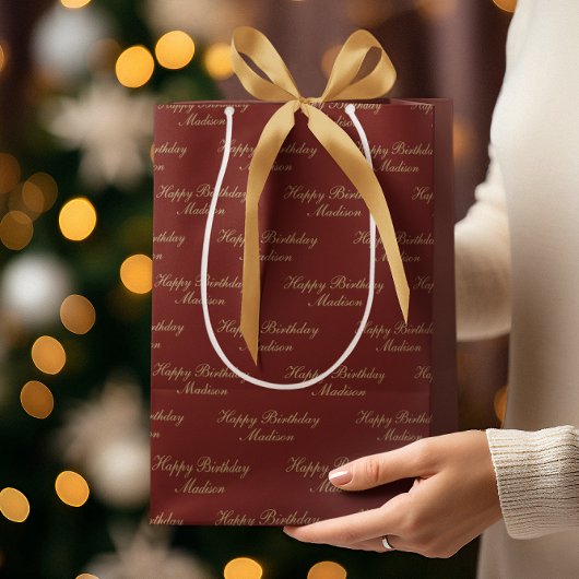 Happy Birthday Script Name Burgundy Gold Medium Cadeauzakje