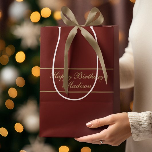 Happy Birthday Script Name Burgundy Gold Medium Cadeauzakje