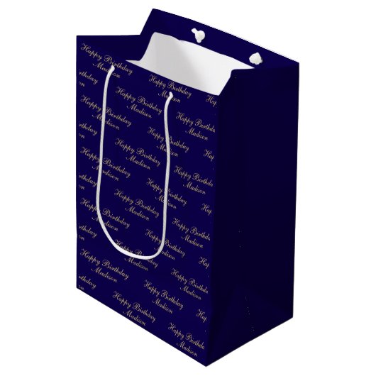 Happy Birthday Script Name Navy Blue Gold Medium Cadeauzakje (Voorkant Gekanteld)