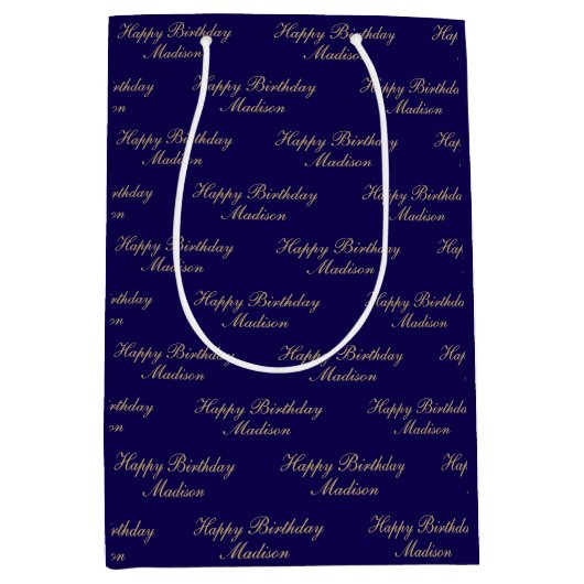 Happy Birthday Script Name Navy Blue Gold Medium Cadeauzakje (Voorkant)