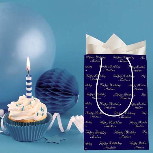 Happy Birthday Script Name Navy Blue Gold Medium Cadeauzakje
