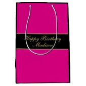 Happy Birthday Script Name Pink Black Gold Medium Cadeauzakje (Voorkant)