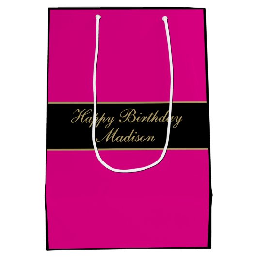 Happy Birthday Script Name Pink Black Gold Medium Cadeauzakje (Achterkant)