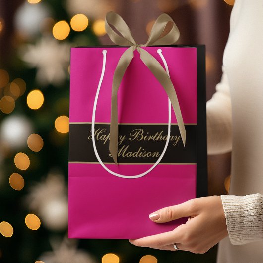 Happy Birthday Script Name Pink Black Gold Medium Cadeauzakje
