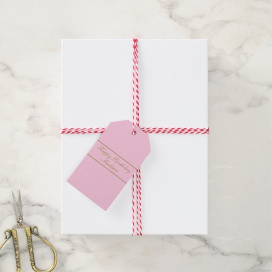 Happy Birthday Script Name Powder Pink Gold Cadeaulabel (Met Touw)