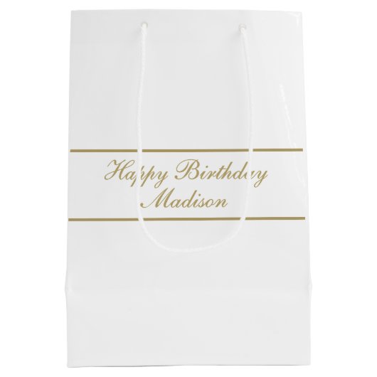 Happy Birthday Script Name White Gold Medium Cadeauzakje (Achterkant)