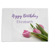 Happy Birthday Script Roze Tulpen Naam Sjabloon Groot Cadeauzakje (Voorkant)