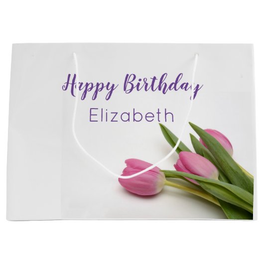 Happy Birthday Script Roze Tulpen Naam Sjabloon Groot Cadeauzakje (Voorkant)