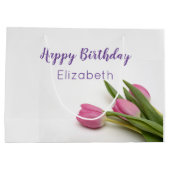 Happy Birthday Script Roze Tulpen Naam Sjabloon Groot Cadeauzakje (Achterkant)