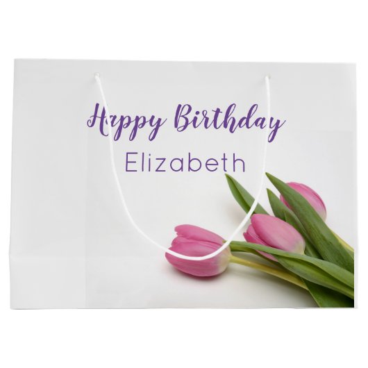 Happy Birthday Script Roze Tulpen Naam Sjabloon Groot Cadeauzakje (Achterkant)