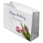 Happy Birthday Script Roze Tulpen Naam Sjabloon Groot Cadeauzakje (Achterkant Gekanteld)