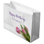 Happy Birthday Script Roze Tulpen Naam Sjabloon Groot Cadeauzakje (Voorkant Gekanteld)
