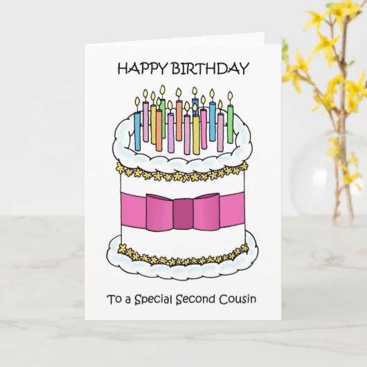 Happy Birthday Second Cousin Cake and Candles Kaart (Gele Bloem)