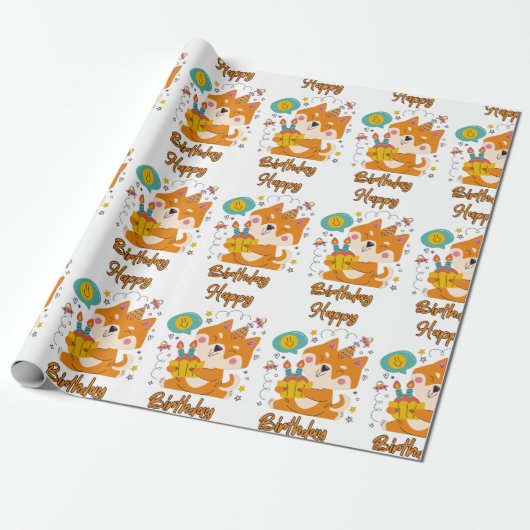 Happy Birthday Shiba Inu Wrapping Paper Cadeaupapier (Uitgerold)