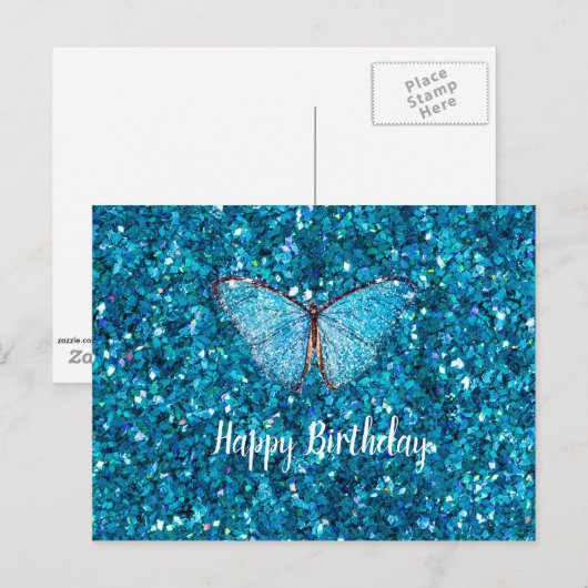 Happy Birthday Shiny Blue Glitzy Sjabloon Briefkaart (Voorkant / Achterkant)