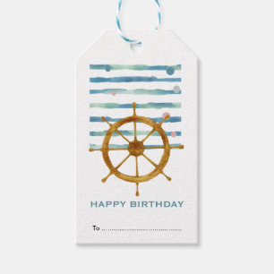 Happy Birthday, Ships Wheel, Nautical Coastal Cadeaulabel