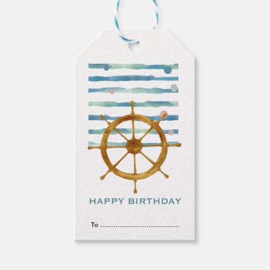 Happy Birthday, Ships Wheel, Nautical Coastal Cadeaulabel (Voorkant)