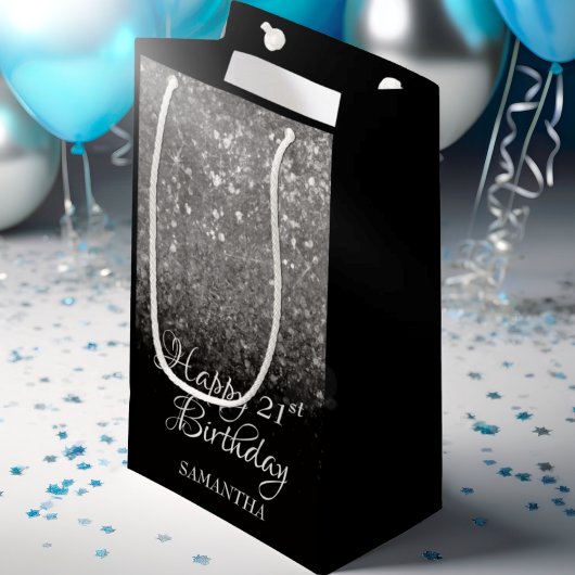 Happy Birthday Silver & Black Glitter Elke leeftij Klein Cadeauzakje