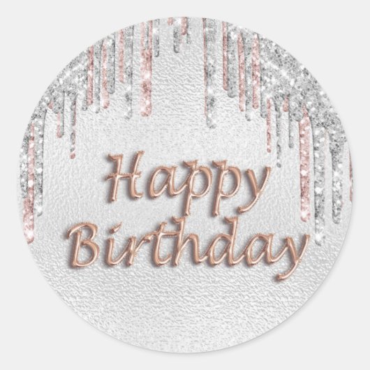 Happy Birthday Silver glitter druppelt roos gouden Ronde Sticker (Voorkant)