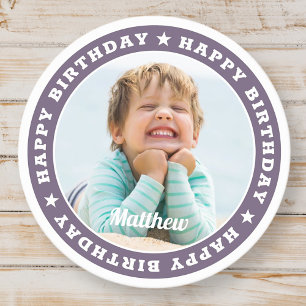 Happy Birthday Simple Moderne Custom Photo Ronde Kartonnen Onderzetter