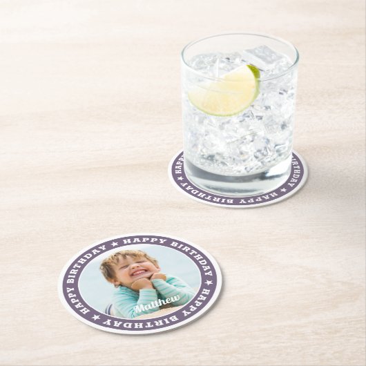 Happy Birthday Simple Moderne Custom Photo Ronde Kartonnen Onderzetter (Insitu)